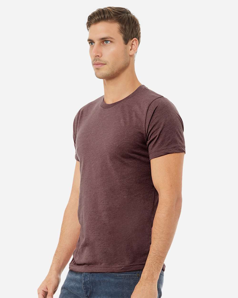BELLA + CANVAS 3001CVC CVC Jersey Tee - Heather Maroon - On Model Side