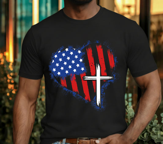 American Flag Heart Cross – Patriotic DTF Transfer