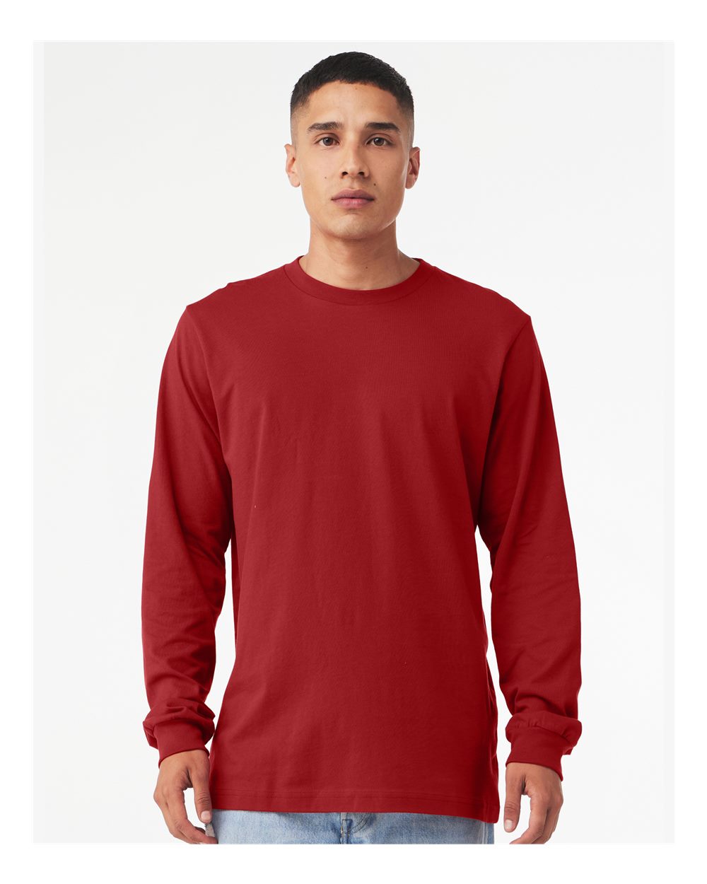 BELLA + CANVAS 3501 Unisex Jersey Long Sleeve Tee - Canvas Red - On Model Front