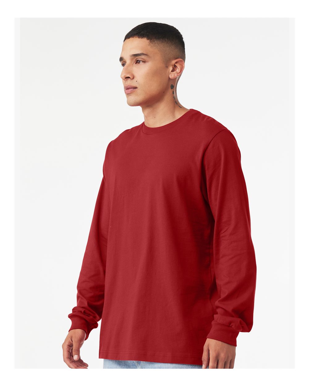 BELLA + CANVAS 3501 Unisex Jersey Long Sleeve Tee - Canvas Red - On Model Side