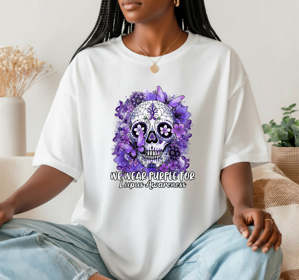 We Wear Purple Lupus Awareness Sugar Skull – Health Advocacy DTF Transfer