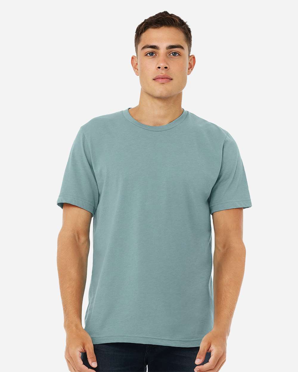 BELLA + CANVAS 3001CVC CVC Jersey Tee - Heather Blue Lagoon - On Model Front