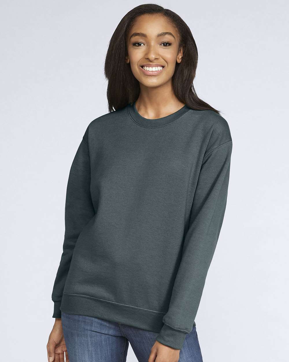 Gildan SF000 Unisex Softstyle® Midweight Crewneck Sweatshirt - Dark Heather - On Model Front