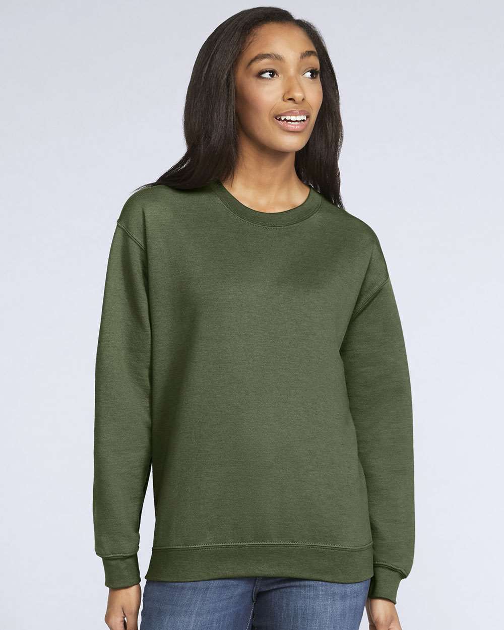 Gildan SF000 Unisex Softstyle® Midweight Crewneck Sweatshirt - Military Green - On Model Front