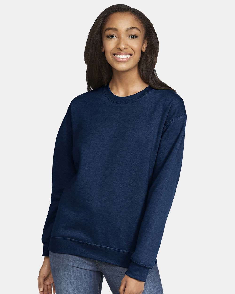 Gildan SF000 Unisex Softstyle® Midweight Crewneck Sweatshirt - Navy - On Model Front
