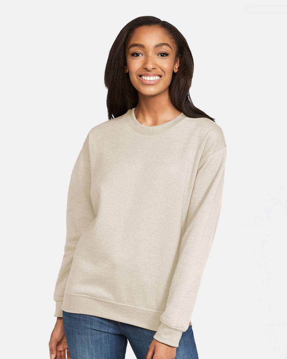 Gildan SF000 Unisex Softstyle® Midweight Crewneck Sweatshirt - Sand - On Model Front