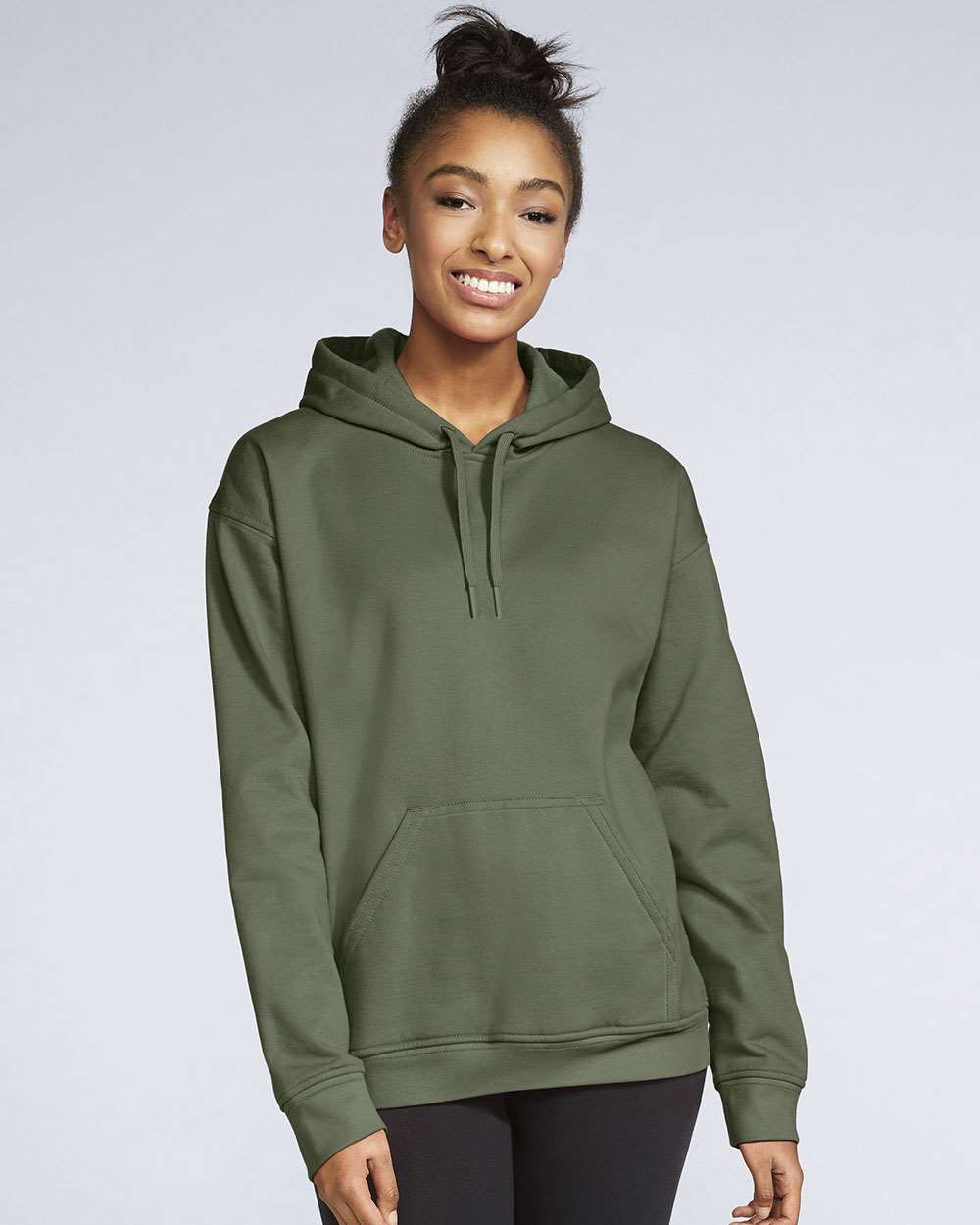 Gildan SF500 Unisex Softstyle® Midweight Hooded Sweatshirt - Military Green - On Model Front