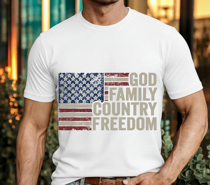 God Family Country Freedom – Patriotic Christian USA Flag DTF Transfer