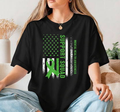 Support Mental Health Squad Green Ribbon US Flag – Mental Health Awareness DTF Transfer