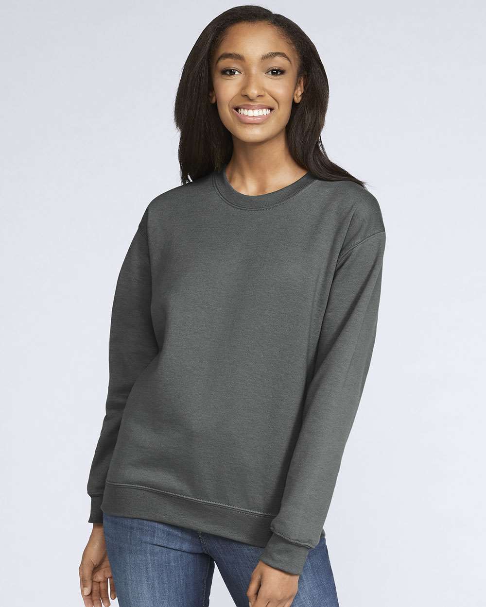 Gildan SF000 Unisex Softstyle® Midweight Crewneck Sweatshirt - Charcoal - On Model Front