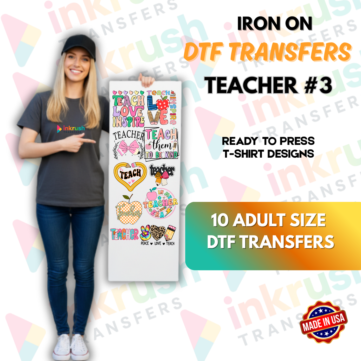 Teacher Bundle #3 – Retro Rainbow & Smiley (22″ Gang Sheet, 10 Transfers)