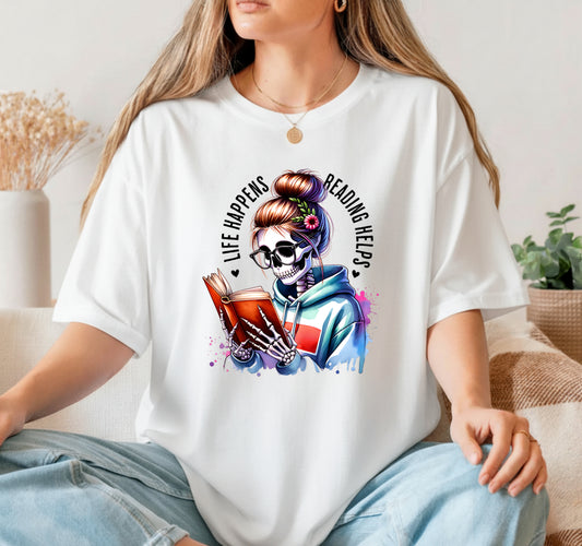 Life Happens Reading Helps Skeleton Book – Booktrovert DTF Transfer