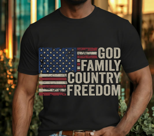 God Family Country Freedom – Patriotic Christian USA Flag DTF Transfer