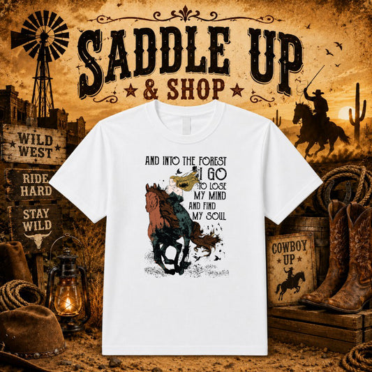 "And Into The Forest I Go" – Western Nature DTF Transfer – by Ink Rush – Premade Transfers – Western, Apparel