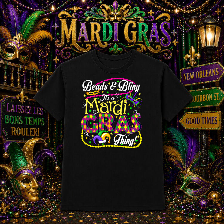 Beads and Bling It's a Mardi Gras Thing – Mardi Gras DTF Transfer – by Ink Rush – Premade Transfers – Mardi Gras, Holiday/...