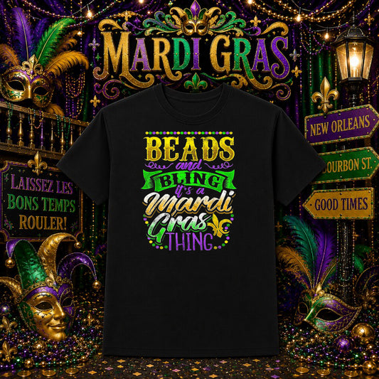 Beads, Bling & Bourbon – Mardi Gras DTF Transfer – by Ink Rush – Premade Transfers – Mardi Gras, DTF Transfers