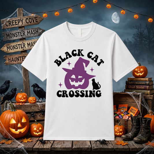 Black Cat Crossing Halloween – DTF Transfer – by Ink Rush – Premade Transfers – Halloween, DTF Transfer