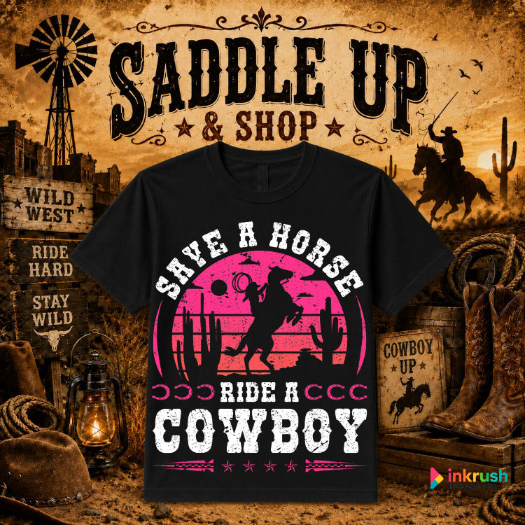 Black Cowboy Sunset Ride – Western DTF Transfer – by Ink Rush – Premade Transfers – Black History Month, Western