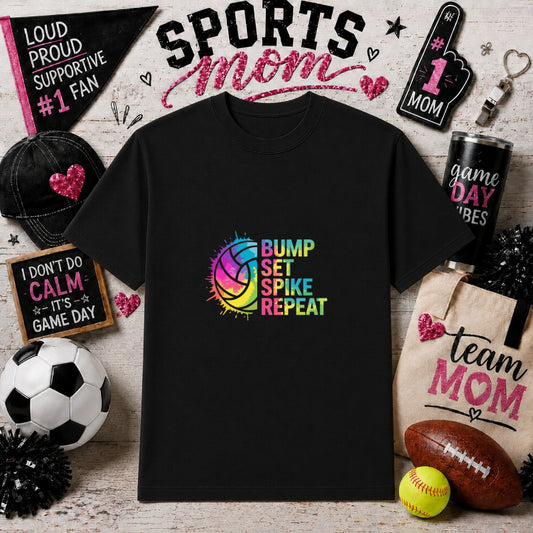 Bump Set Spike Repeat – Sports Mom DTF Transfer – by Ink Rush – Premade Transfers – Sports Mom, DTF Transfers