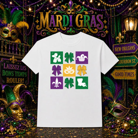 Checkered Coquette Bow Mardi Gras – DTF Transfer – by Ink Rush – Premade Transfers – Mardi Gras, DTF Transfers