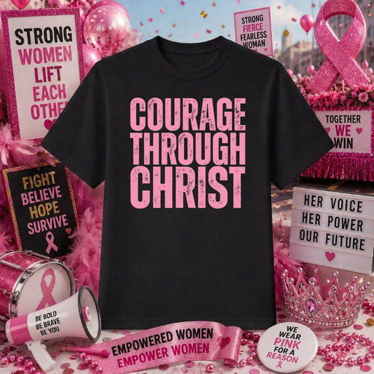 COURAGE THROUGH CHRIST – Breast Cancer Awareness DTF Transfer – by Ink Rush – Premade Transfers – Breast Cancer, DTF Trans...