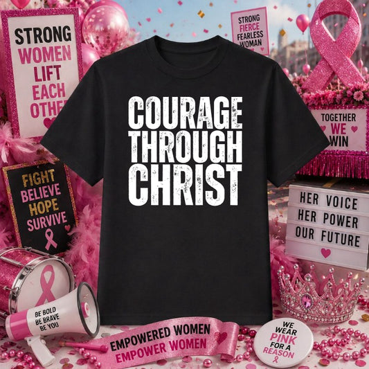 COURAGE THROUGH CHRIST – Breast Cancer Awareness DTF Transfer – by Ink Rush – Premade Transfers – Breast Cancer Awareness,...