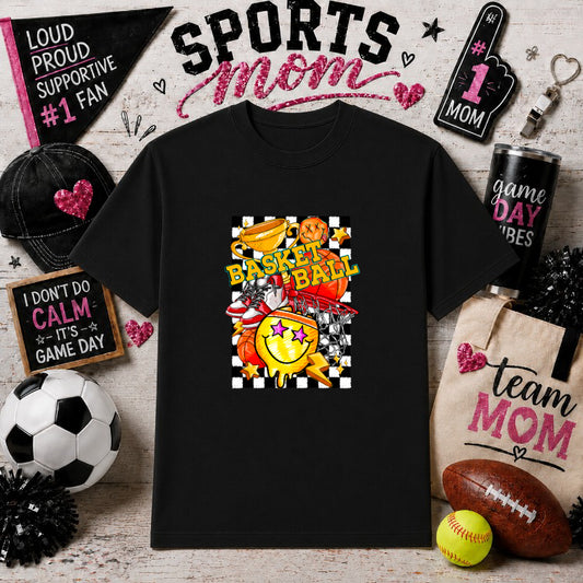 GAME DAY Basketball Smiley – Sports Mom DTF Transfer – by Ink Rush – Premade Transfers – Sports Mom, Gameday