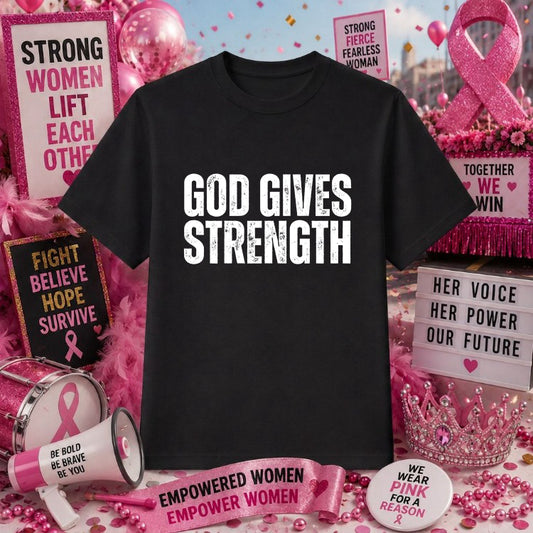 GOD GIVES STRENGTH – Breast Cancer Awareness DTF Transfer – by Ink Rush – Premade Transfers – Breast Cancer, Apparel Trans...