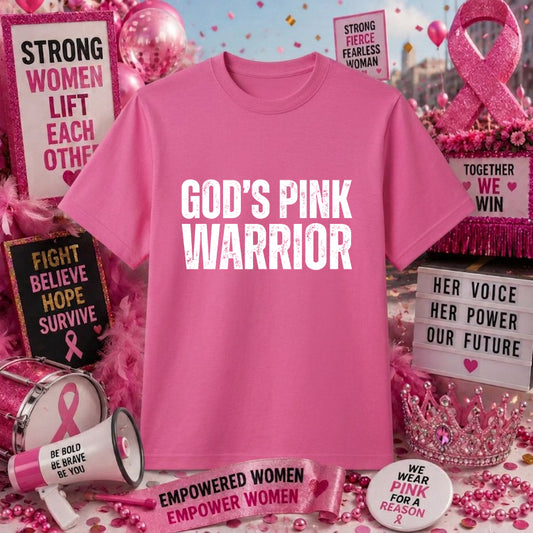 GOD'S PINK WARRIOR – Breast Cancer Awareness DTF Transfer – by Ink Rush – Premade Transfers – Breast Cancer Awareness, App...