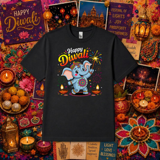 Happy Diwali Cute Elephant – Festival DTF Transfer – by Ink Rush – Premade Transfers – DTF Transfers, Apparel Decor