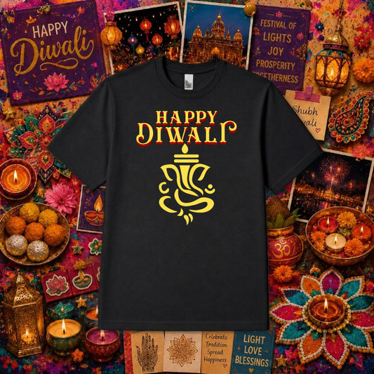 Happy Diwali Happy Ganesh – Diwali DTF Transfer – by Ink Rush – Premade Transfers – Diwali, Festive Apparel