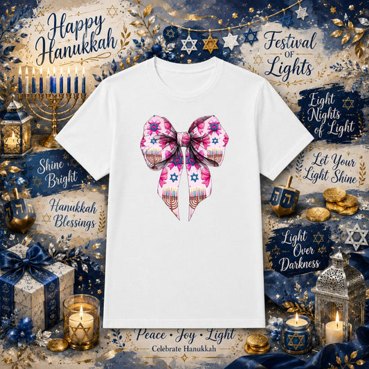 Happy Hanukkah Coquette Bow Menorah – Jewish DTF Transfer – by Ink Rush – Premade Transfers – Hanukkah, DTF Transfers