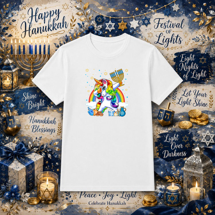 Happy Hanukkah Dabbing Unicorn – Hanukkah DTF Transfer – by Ink Rush – Premade Transfers – DTF Transfers, Apparel Decoration