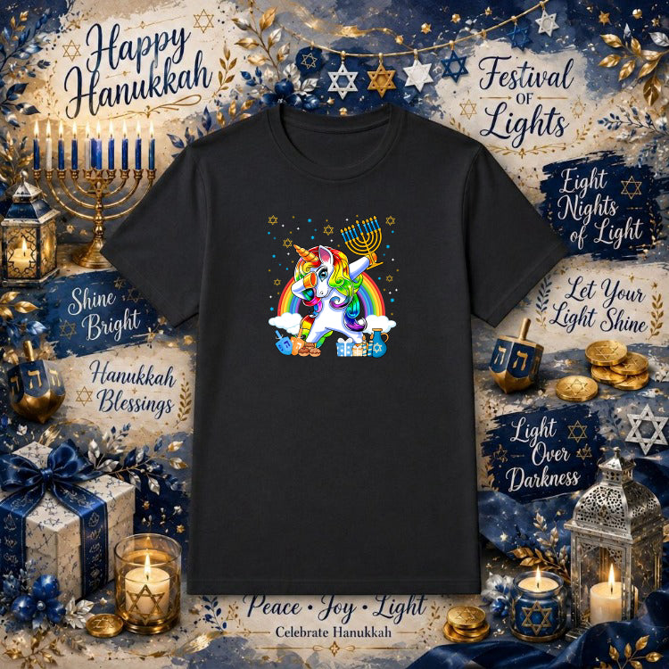 Happy Hanukkah Dabbing Unicorn – Hanukkah DTF Transfer – by Ink Rush – Premade Transfers – Hanukkah, Holiday DTF
