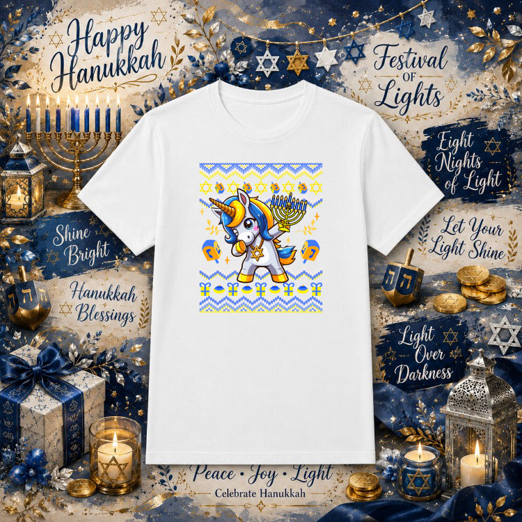Happy Hanukkah Dabbing Unicorn – Jewish Celebration DTF Transfer – by Ink Rush – Premade Transfers – Hanukkah, Holiday App...