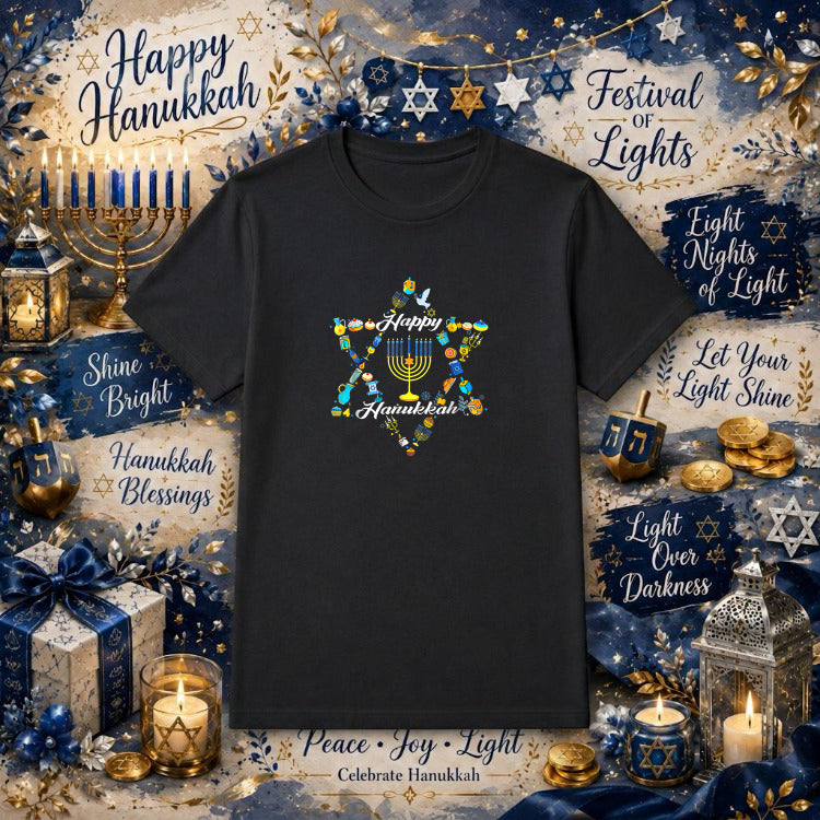 Happy Hanukkah Star of David Menorah – Hanukkah DTF Transfer – by Ink Rush – Premade Transfers – Hanukkah, DTF Transfers
