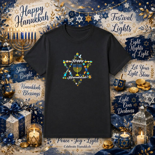Happy Hanukkah Star of David Menorah – Hanukkah DTF Transfer – by Ink Rush – Premade Transfers – Hanukkah, DTF Transfers