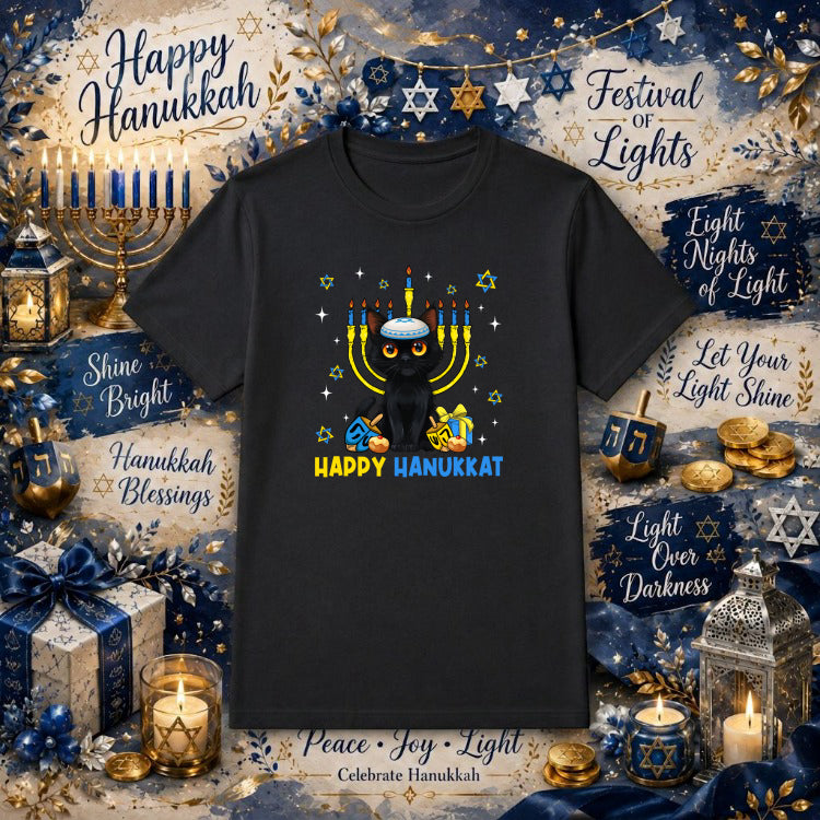Happy Hanukkat Cat Menorah – Hanukkah DTF Transfer – by Ink Rush – Premade Transfers – Hanukkah, Holiday
