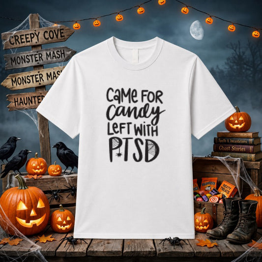 "LEFT WITH PTSD" Halloween Military Skull – DTF Transfer – by Ink Rush – Premade Transfers – Halloween, Apparel Decor