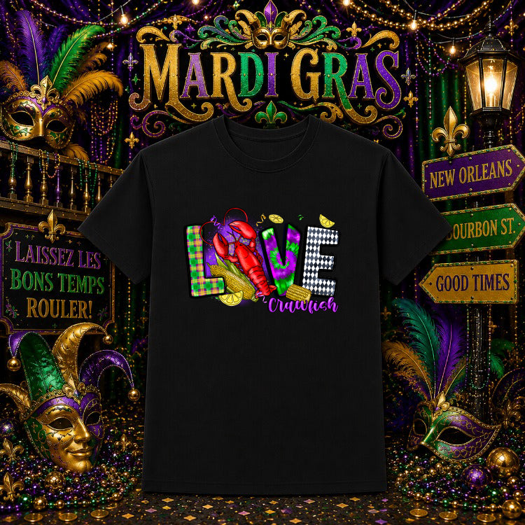 Love Crawfish – Mardi Gras DTF Transfer – by Ink Rush – Premade Transfers – Mardi Gras, Apparel Decoration