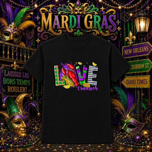 Love Crawfish – Mardi Gras DTF Transfer – by Ink Rush – Premade Transfers – Mardi Gras, Apparel Decoration