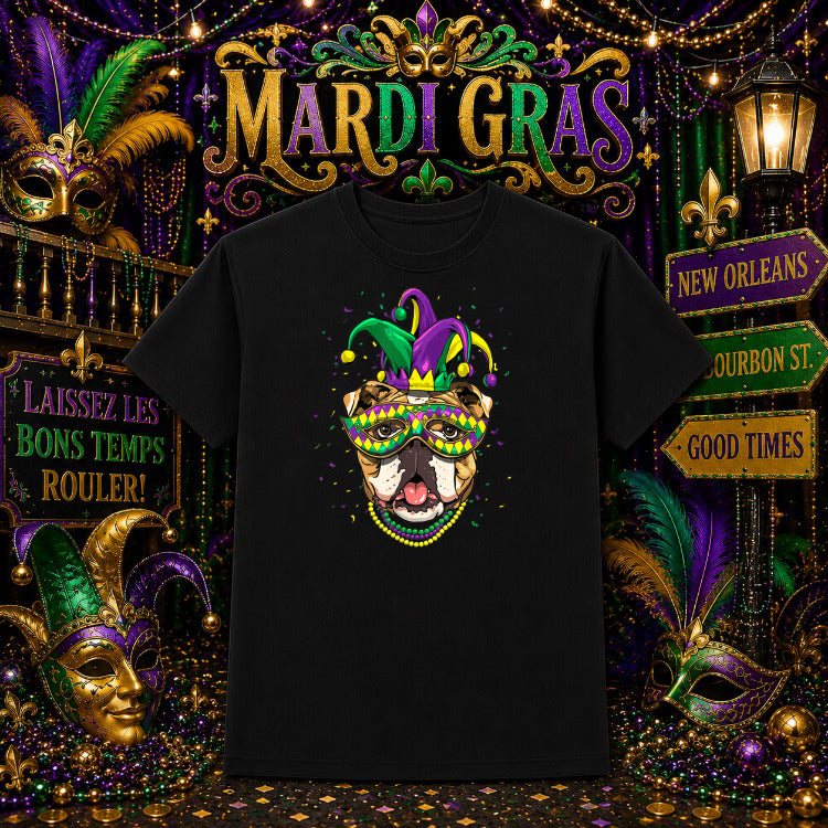 Mardi Gras American Bulldog Jester – DTF Transfer – by Ink Rush – Premade Transfers – DTF Transfers, Apparel Decor