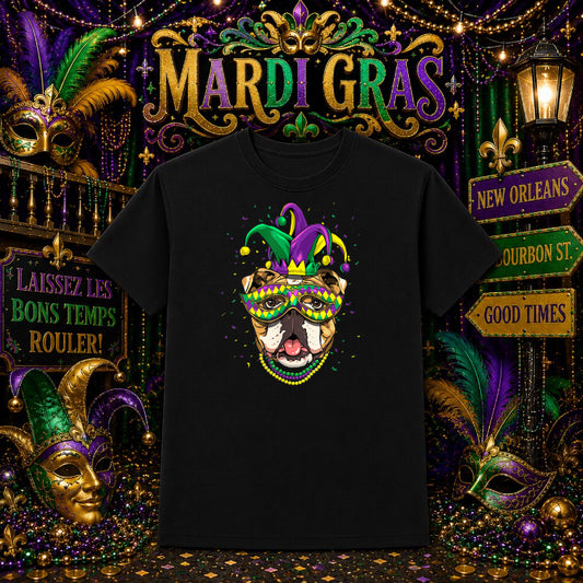 Mardi Gras American Bulldog Jester – DTF Transfer – by Ink Rush – Premade Transfers – DTF Transfers, Apparel Decor