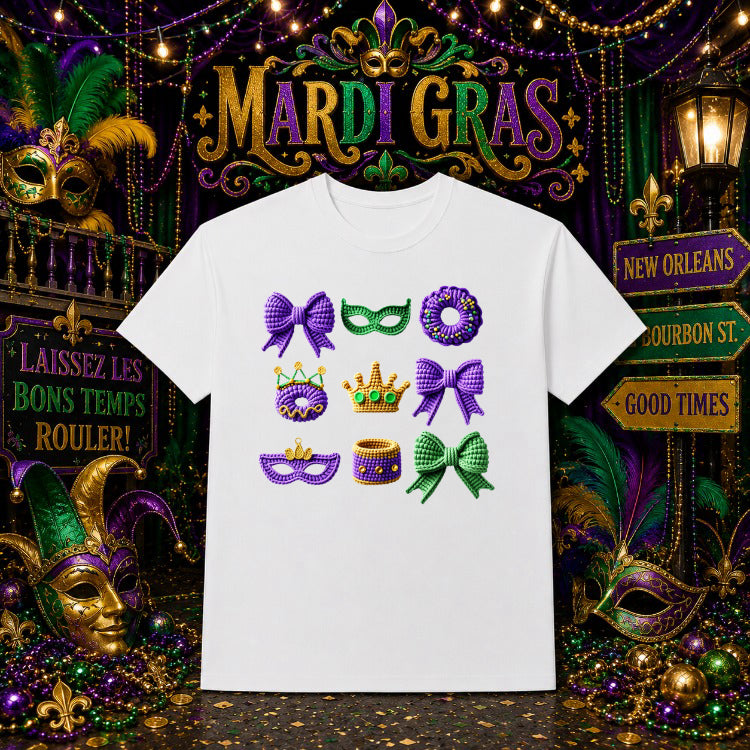 MARDI GRAS Masks & Beads – Festival DTF Transfer – by Ink Rush – Premade Transfers – Mardi Gras, Celebration