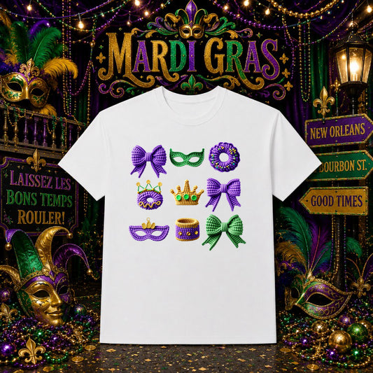 MARDI GRAS Masks & Beads – Festival DTF Transfer – by Ink Rush – Premade Transfers – Mardi Gras, Celebration