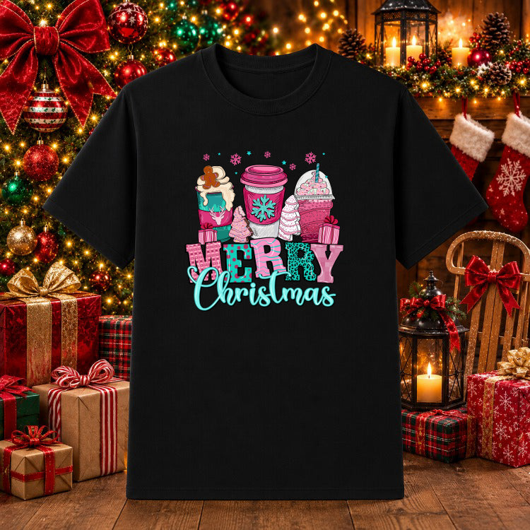 Pink Merry Christmas Coffee & Cake – Christmas DTF Transfer – by Ink Rush – Premade Transfers – DTF Transfer, Christmas