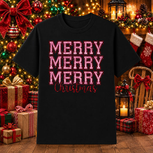 Pink Sequin Merry Christmas – Christmas DTF Transfer – by Ink Rush – Premade Transfers – Christmas, DTF Transfers