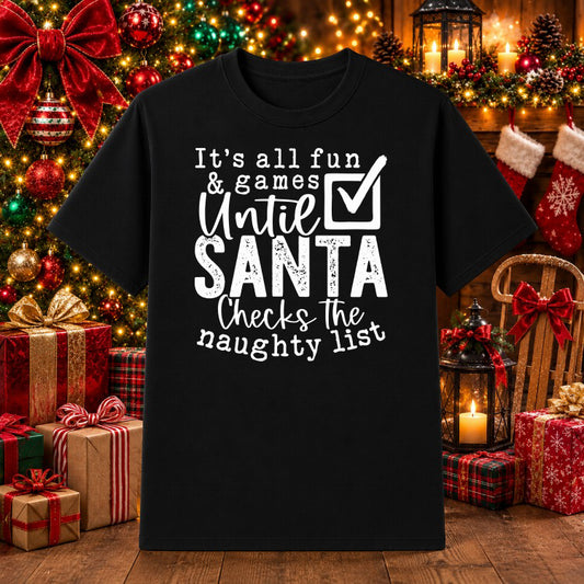 Santa Checks His Naughty List – Christmas DTF Transfer – by Ink Rush – Premade Transfers – Christmas, Apparel Decor