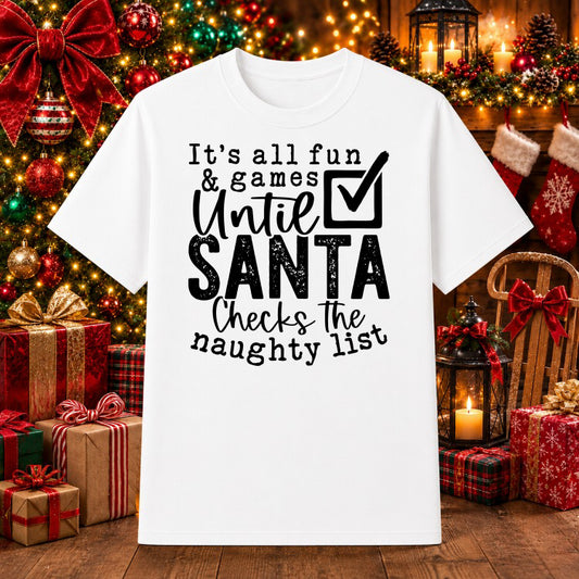 SANTA CHECKS HIS NAUGHTY LIST TWICE – Christmas DTF Transfer – by Ink Rush – Premade Transfers – Christmas, DTF Transfers