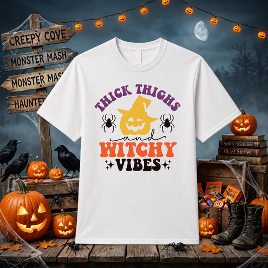 Thick Thighs and Witchy Vibes – Halloween DTF Transfer – by Ink Rush – Premade Transfers – Halloween, Apparel Decoration